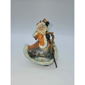 Vintage Santa Claus Figurine Orange Robe Winter Scene Bell Staff Christmas 4.5in